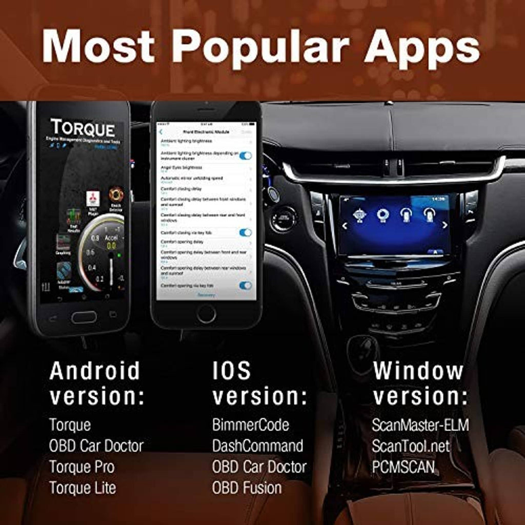 OBD2 Wi‑Fi scanner with smartphone app screen showing supported app list