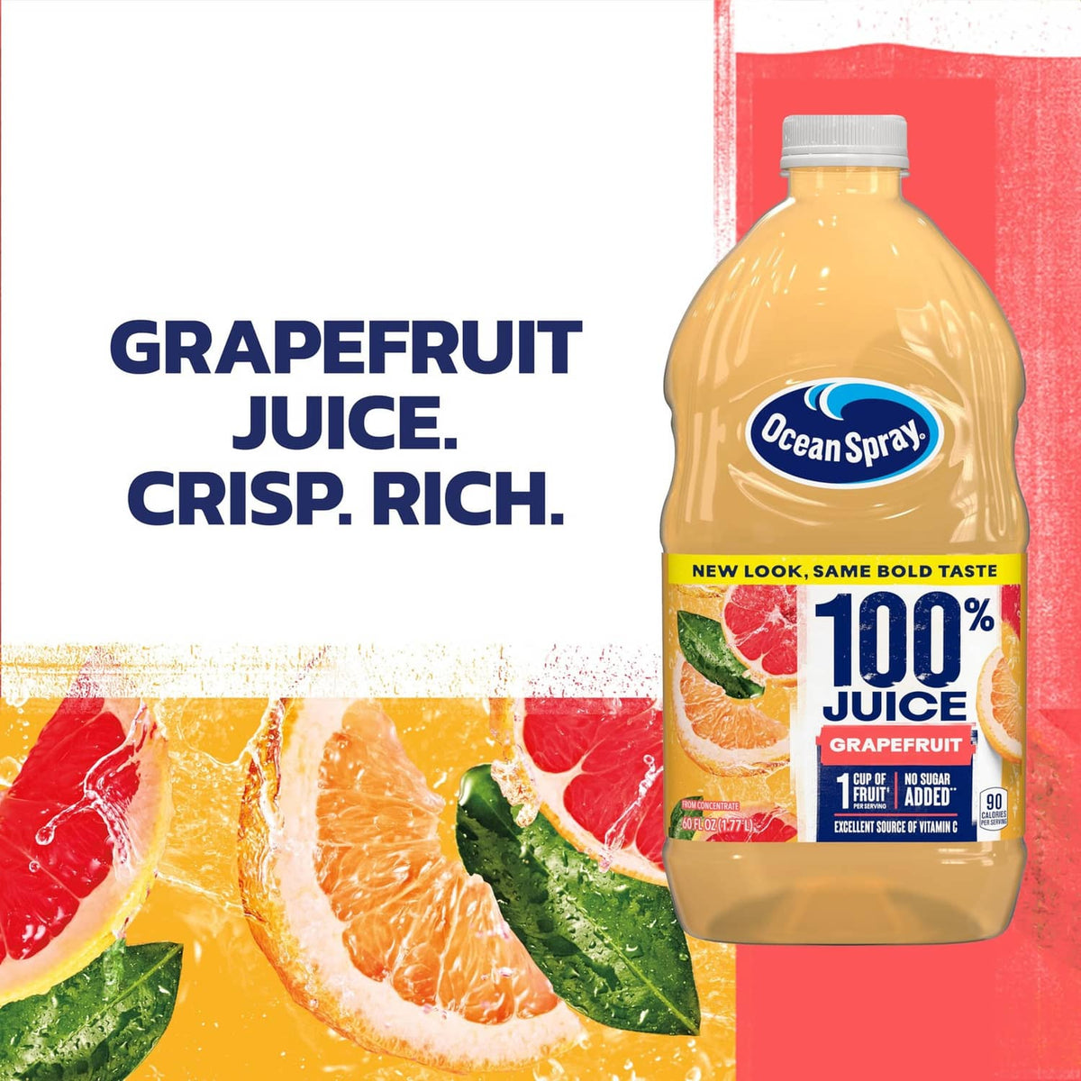 Ocean Spray grapefruit juice bottle with 100% juice label and fruit graphics
