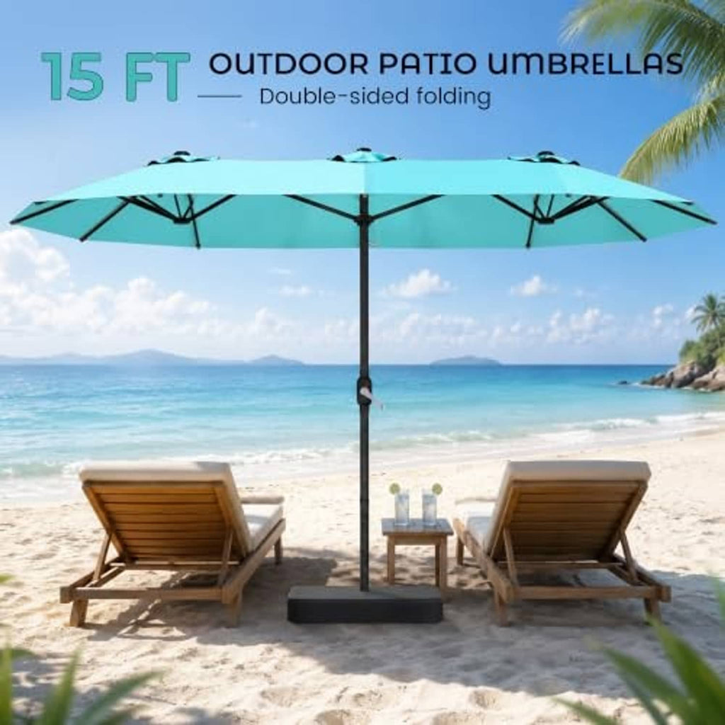 Turquoise 15ft patio umbrella with black pole and weighted base, open canopy