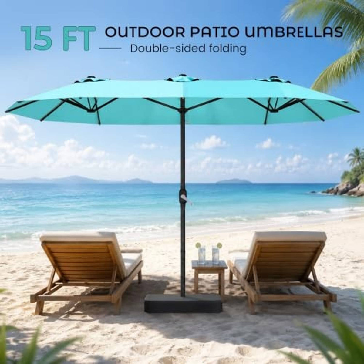 Turquoise 15ft patio umbrella with black pole and weighted base, open canopy