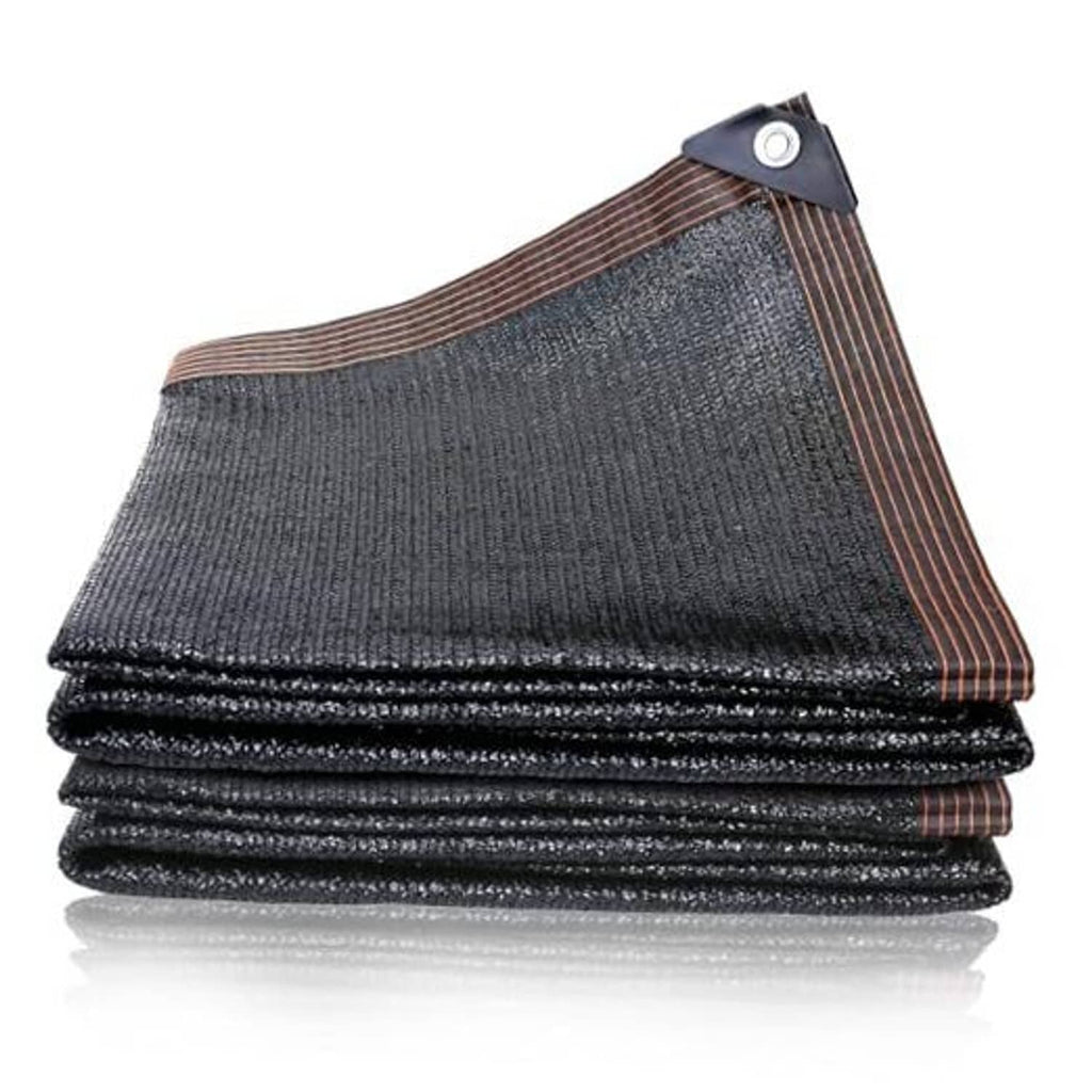 Dark gray shade net sheet with brown striped edge and metal grommet