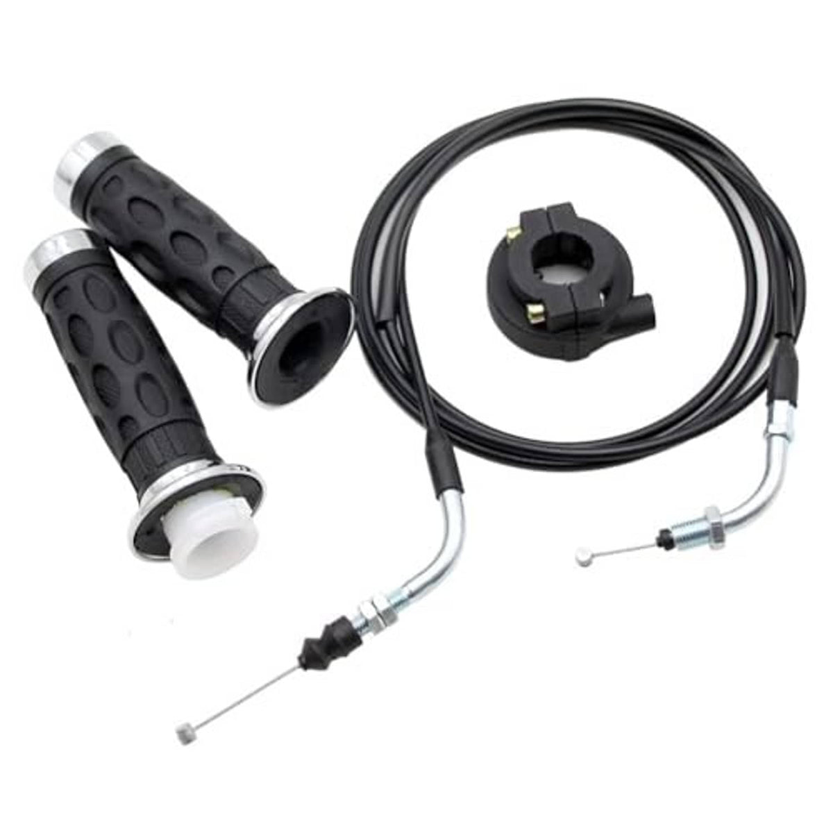 Twist throttle grip cable assembly with black grips, black cable, and handlebar throttle housing