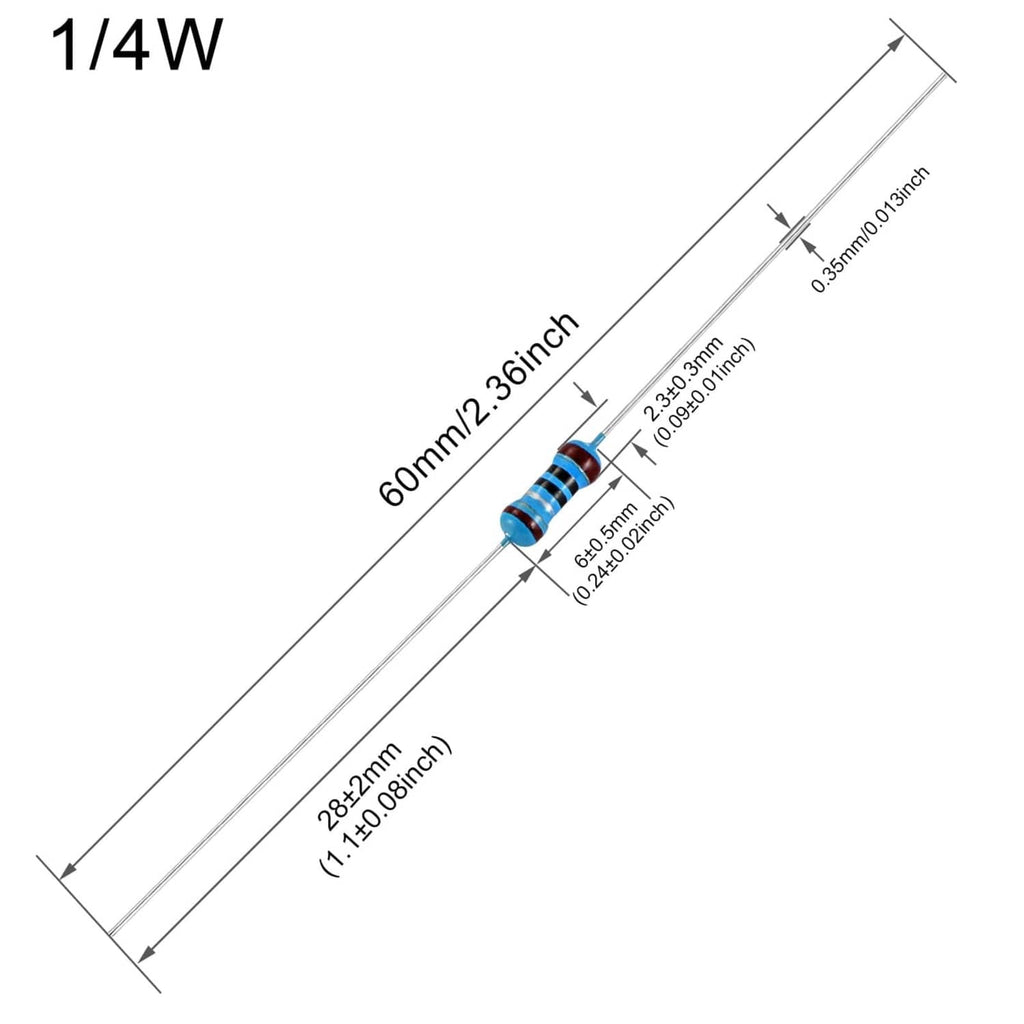 Metal film fixed resistors with axial leads, blue body with red and brown bands