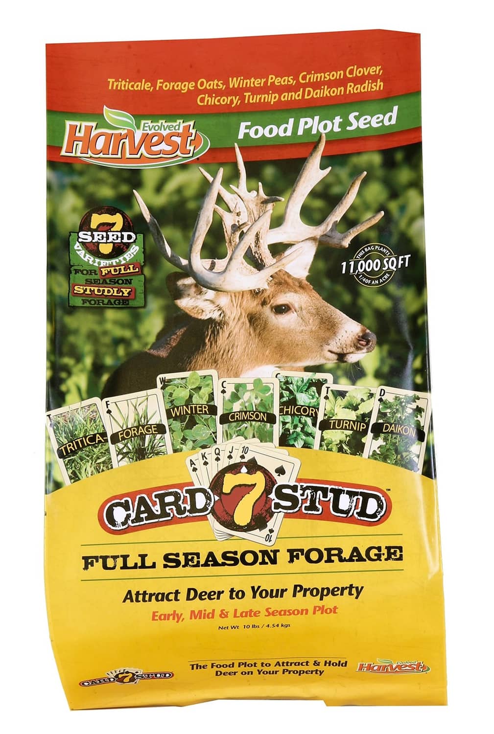 Food plot seed bag, yellow and orange with deer graphic and “Card Stud” label