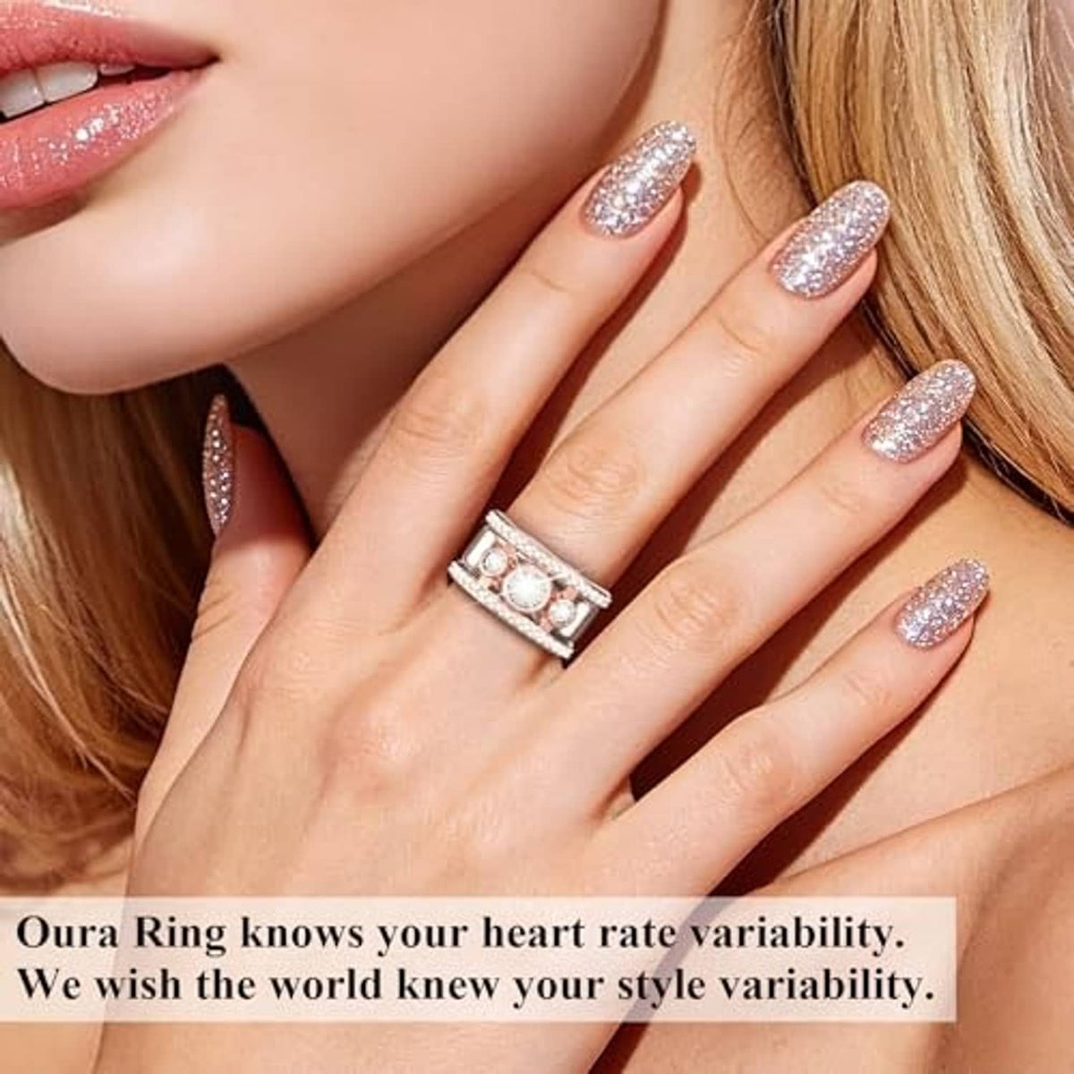 Rose gold-tone jacket ring with sparkling clear stones on finger, near-matching band