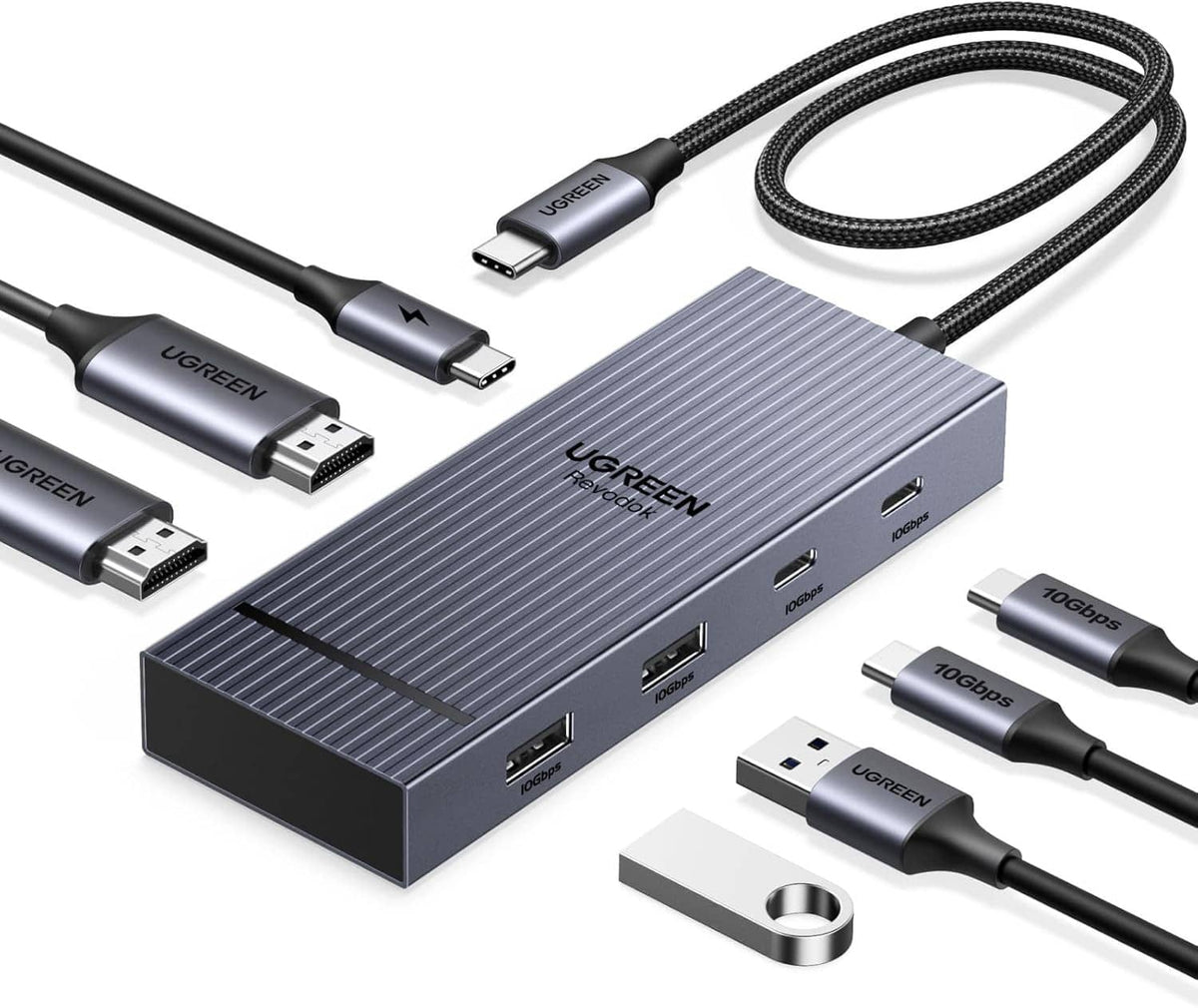 UGREEN USB-C docking station with dual HDMI ports, front USB and cable adapters