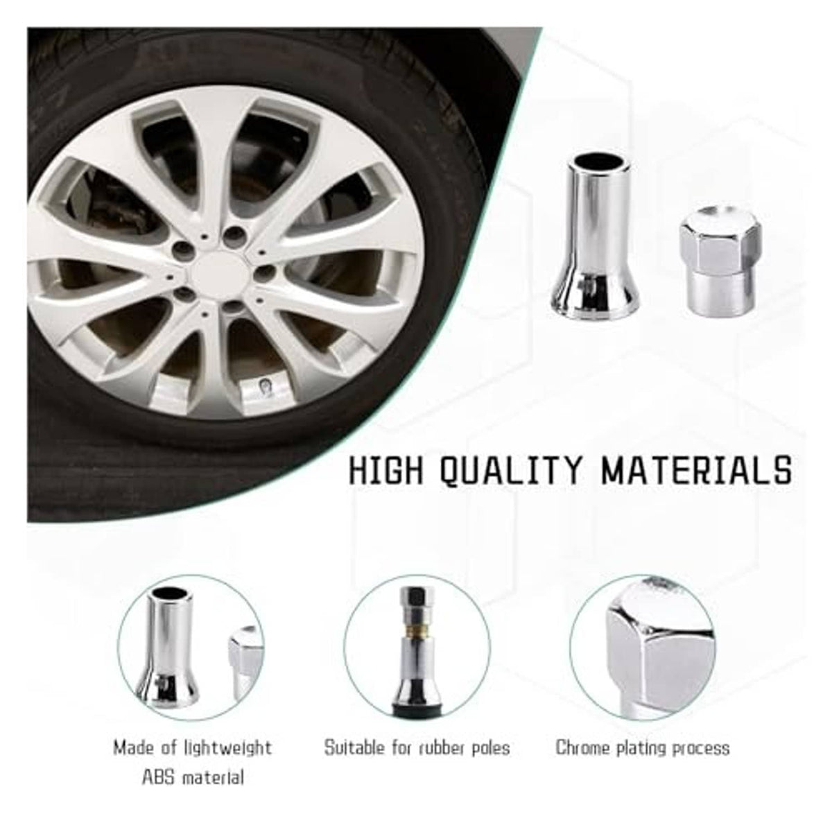 Chrome valve stem cap set with two hex-top metal covers