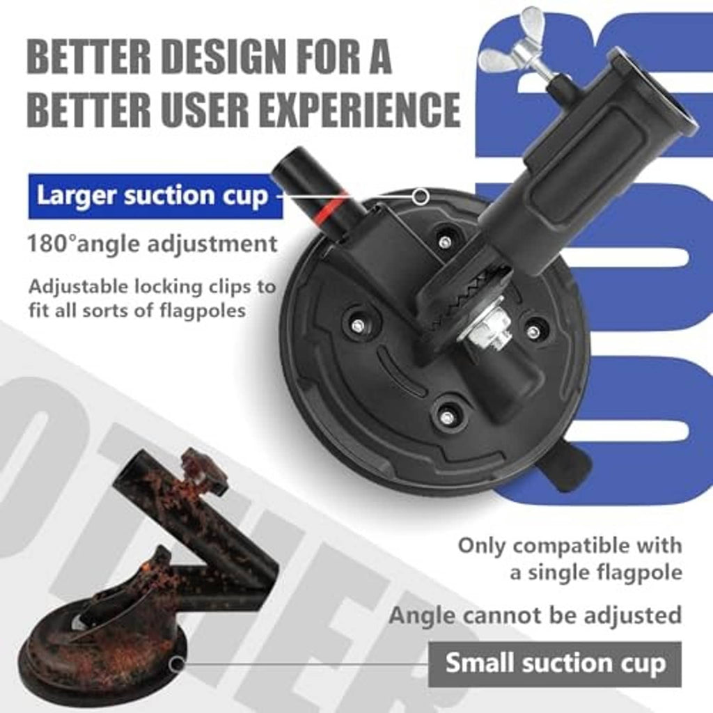 Black suction cup flag mount with adjustable locking clips and clamp head