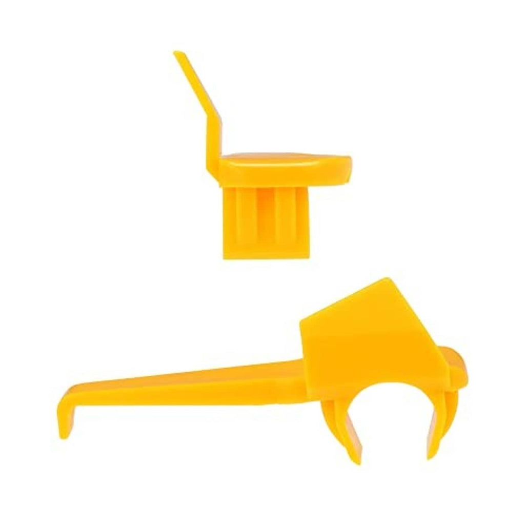 Yellow plastic tire changer demount head inserts, one with angled fork and locking tabs