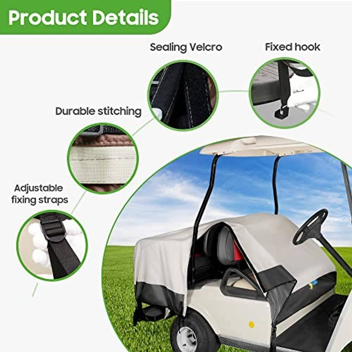 Golf cart seat cover with adjustable straps, fixed hooks, and durable stitching