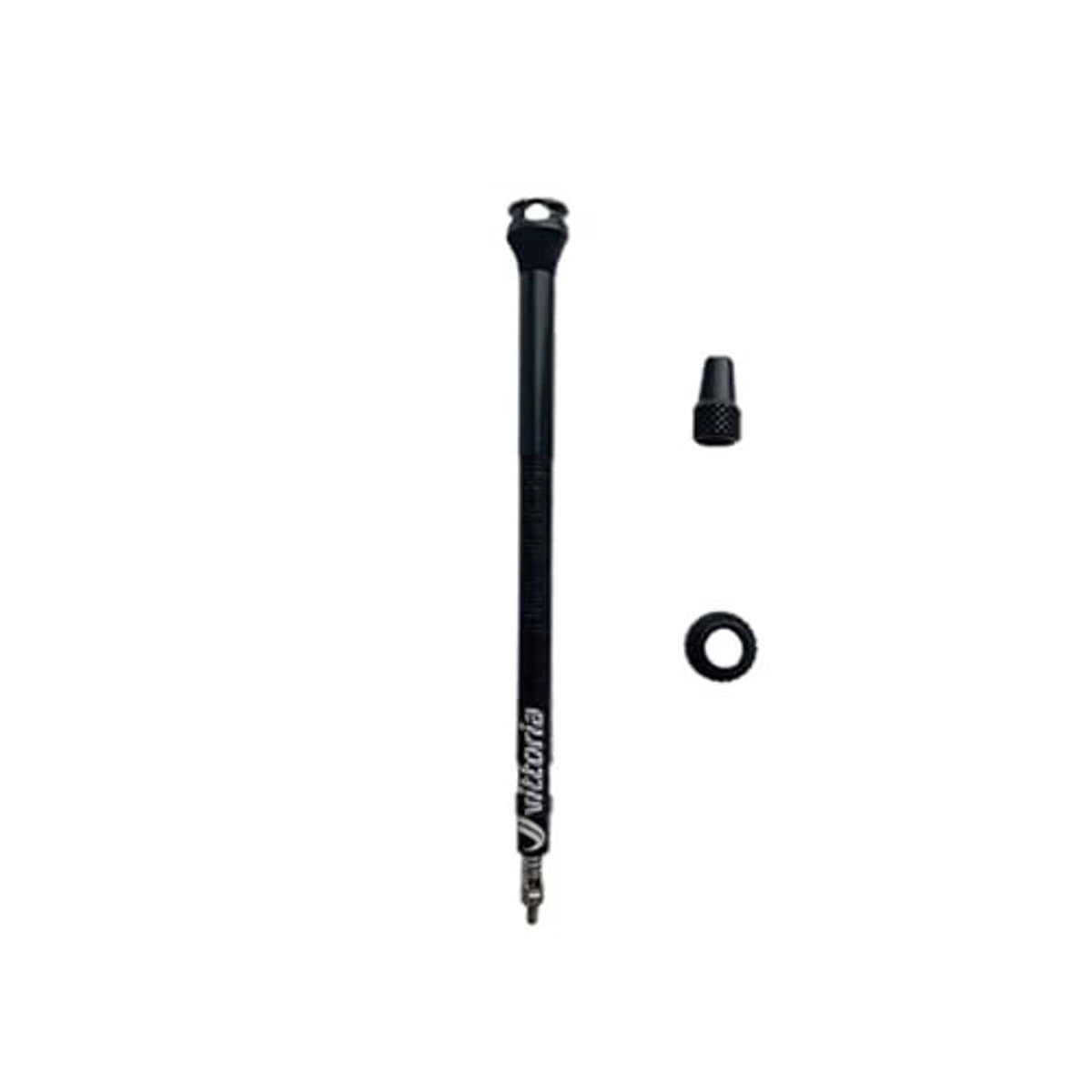 Black tubeless valve stem kit with small cap and circular sealing washer