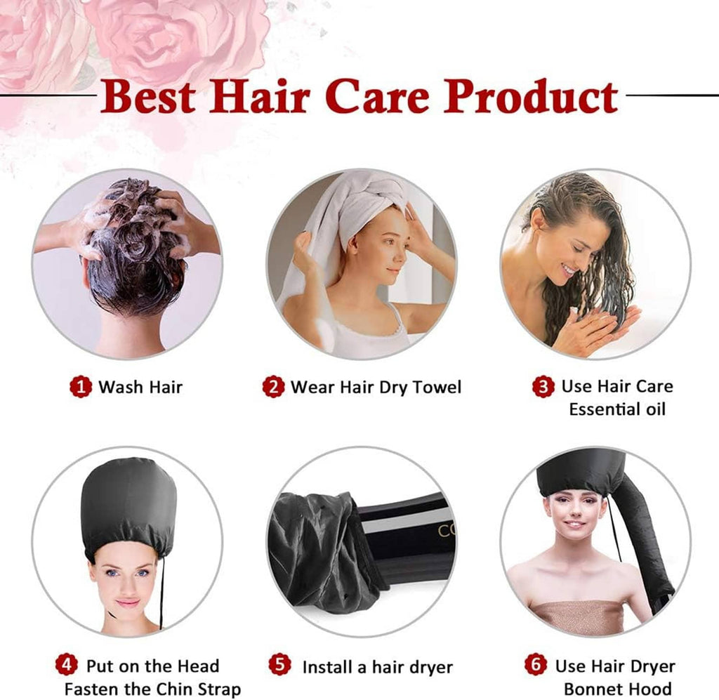 Black hair dryer bonnet hood with chin strap in a simple step-style usage graphic