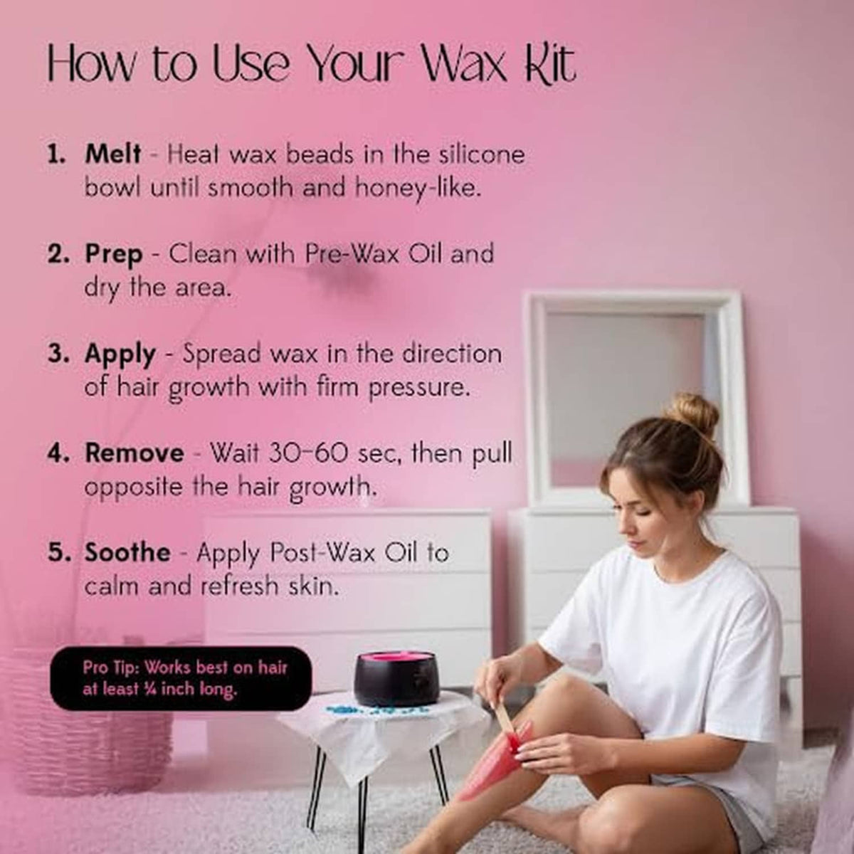 KoluaWax waxing kit usage steps with silicone bowl and wax warmer shown beside a user