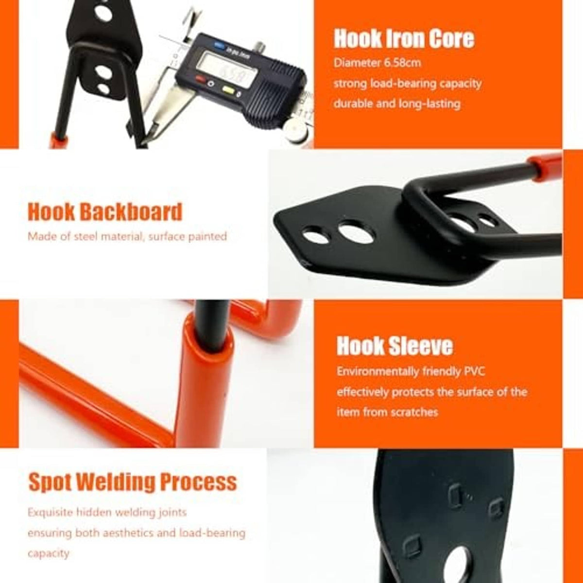 Black steel hook plate and orange coated hook with PVC sleeve detail