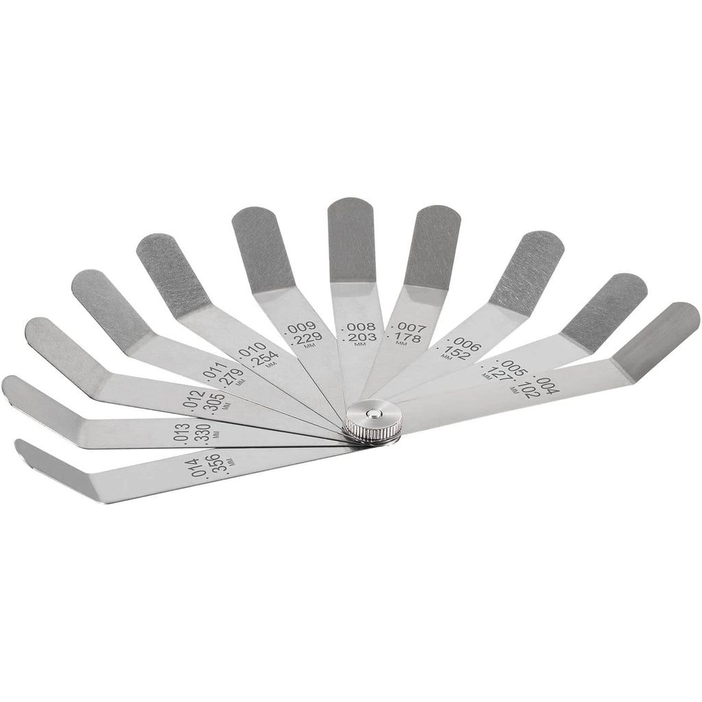 11-blade offset feeler gauge set, silver steel blades fan with central screw