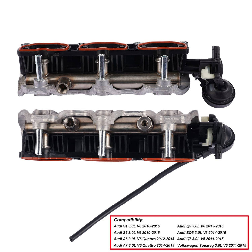 Intake manifold pair, silver metal with orange gasket and attached hose