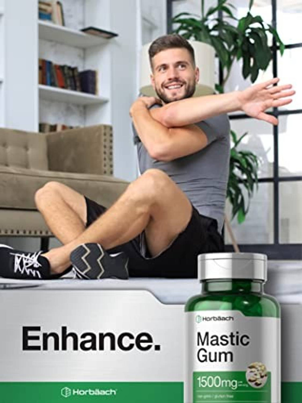 Mastic gum supplement bottle with 1500mg label next to seated man and Enhance text