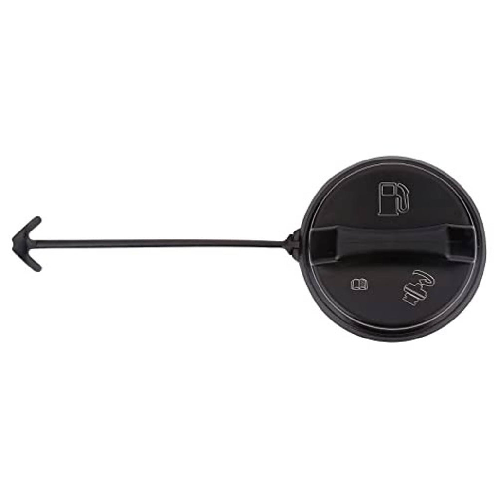 Black fuel tank filler cap with extended rod and opening icons on top