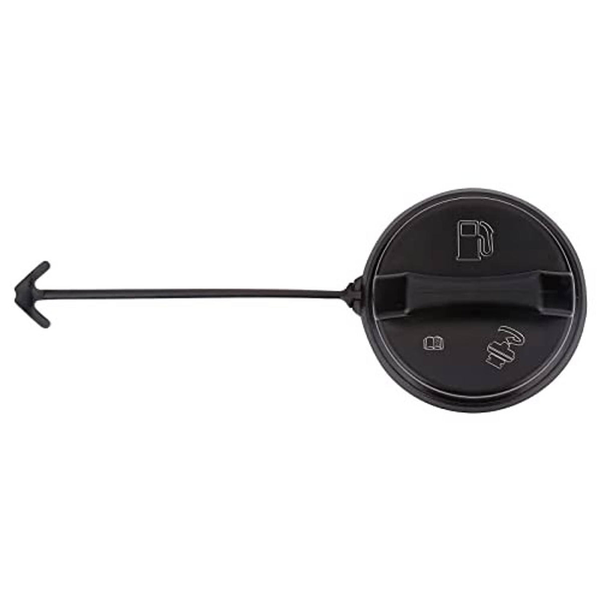Black fuel tank filler cap with extended rod and opening icons on top