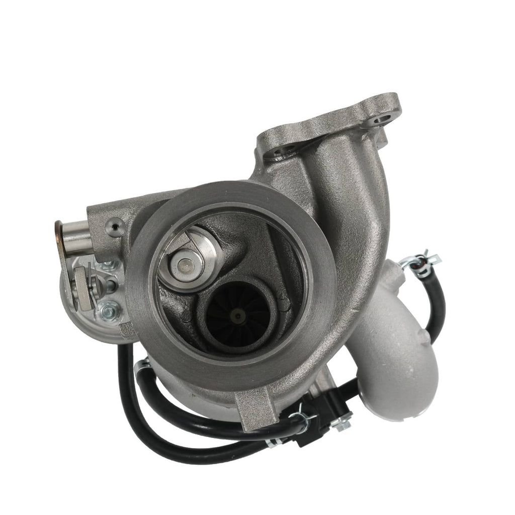 Turbocharger with circular turbine inlet and curved exhaust housing, black hoses
