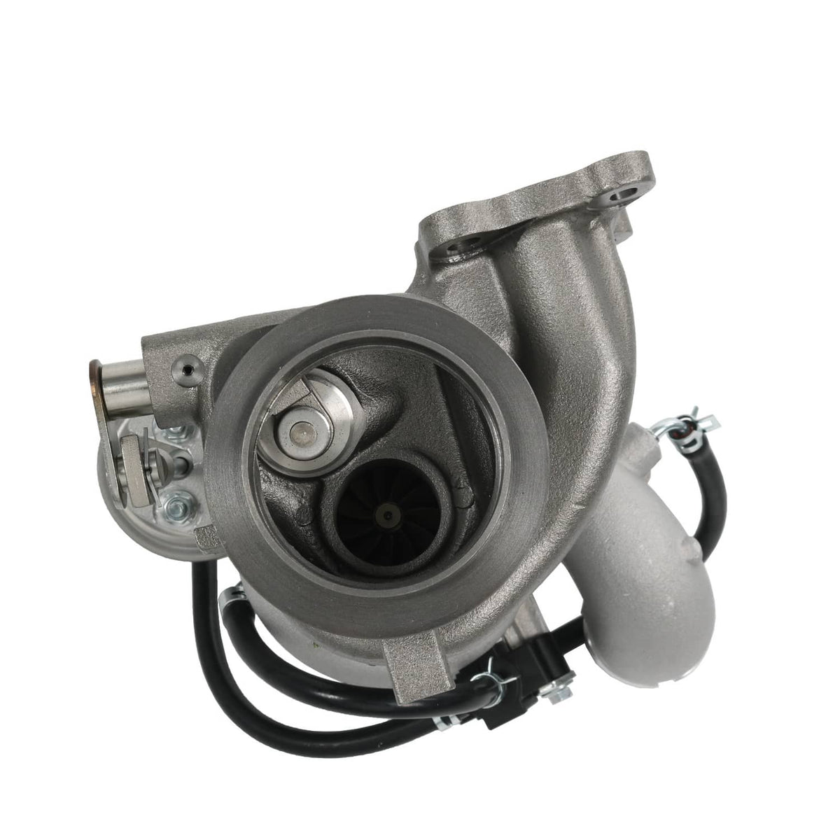 Turbocharger with circular turbine inlet and curved exhaust housing, black hoses