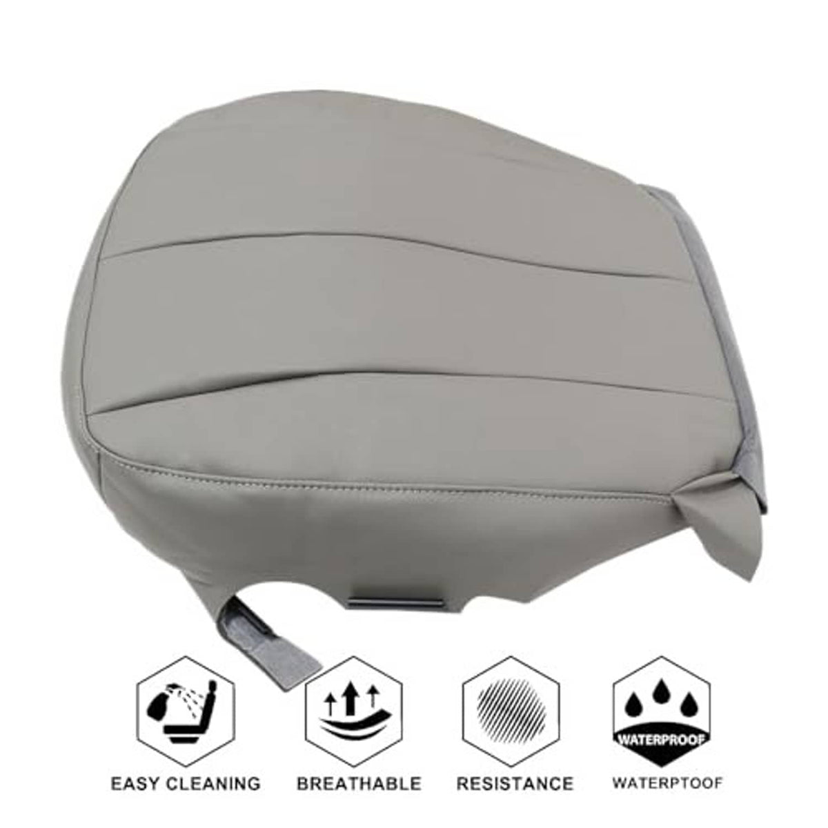 Gray front driver-side seat bottom replacement cover with center seam and curved top