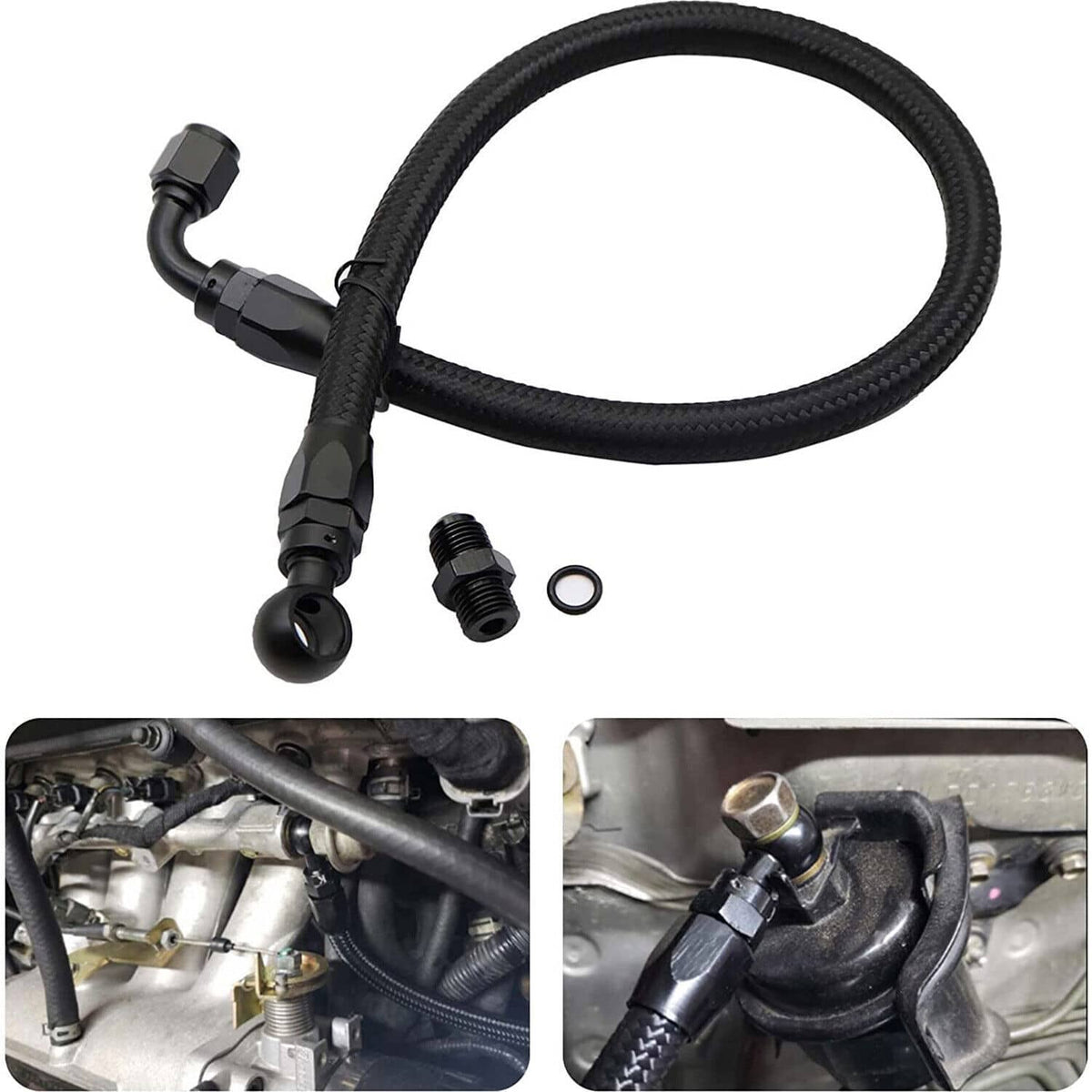 Braided fuel line with Y-style junction, two ends, fittings, and O-ring