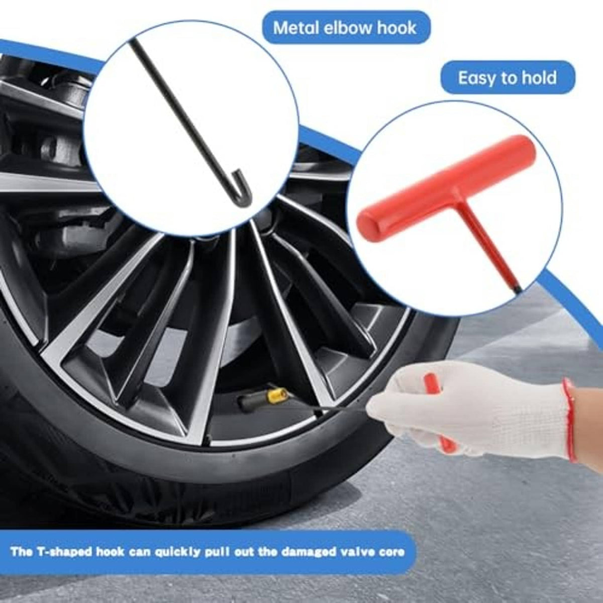 Tire valve stem tool kit with T-shaped hook for removing valve core and red handle