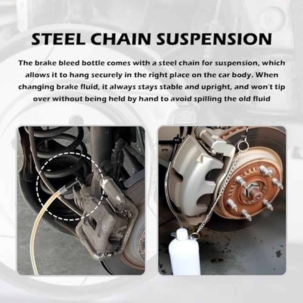 Brake bleeder bottle with steel chain suspension and clear suction tube