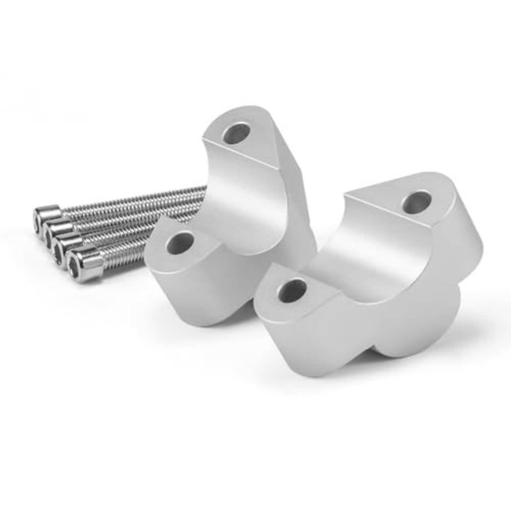 Silver handlebar riser clamp adapter with four mounting points and bolts