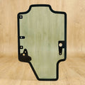 Skid steer door glass panel with black metal frame and mounting brackets, tinted light green