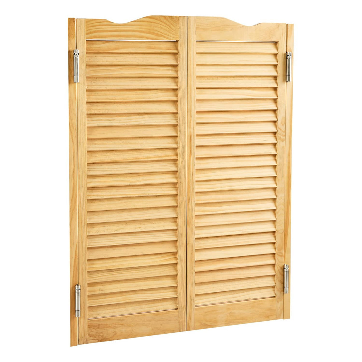 Pine wood double-swing saloon doors with shutter slats and metal hinge hardware