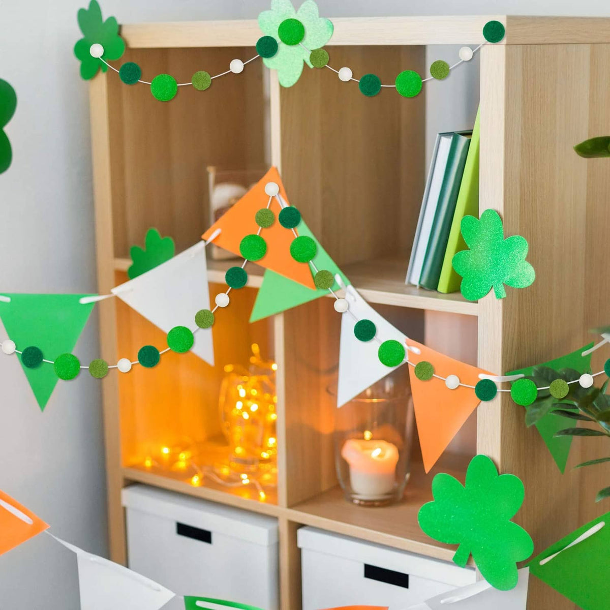 Green felt ball garland with white beads plus shamrock-shaped hanging cards