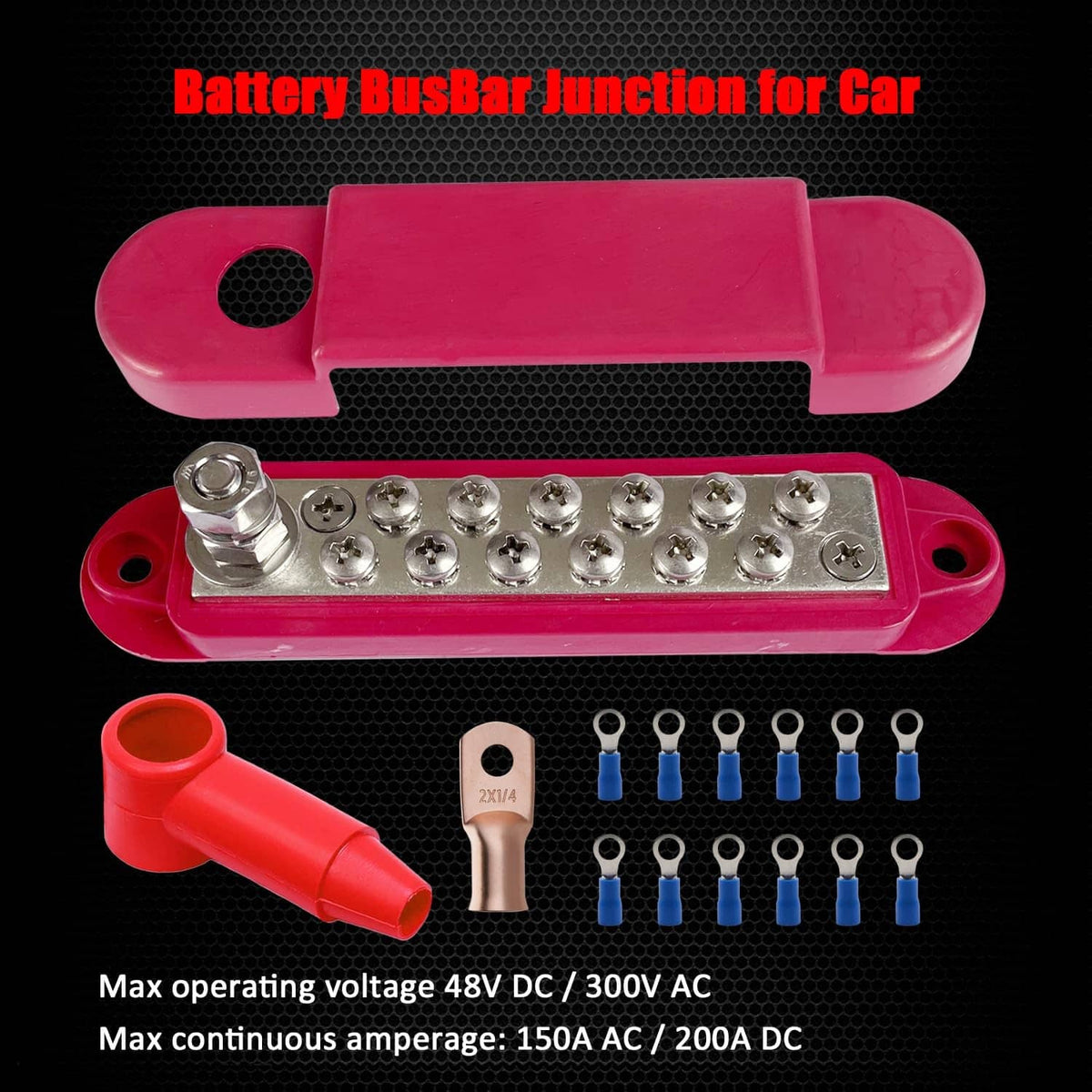 Red battery busbar junction with silver studs and blue ring terminal connectors