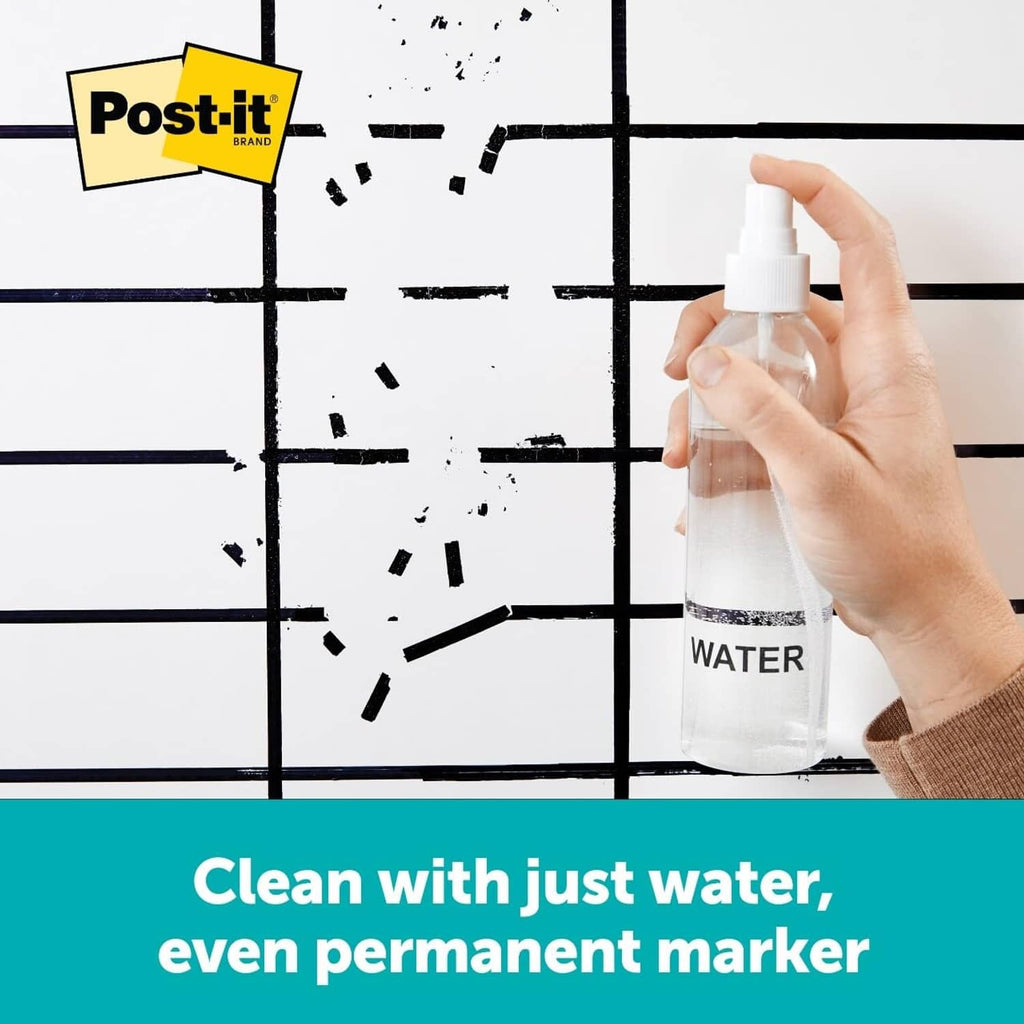 Hand holding spray bottle to clean ink marks on a grid writing surface