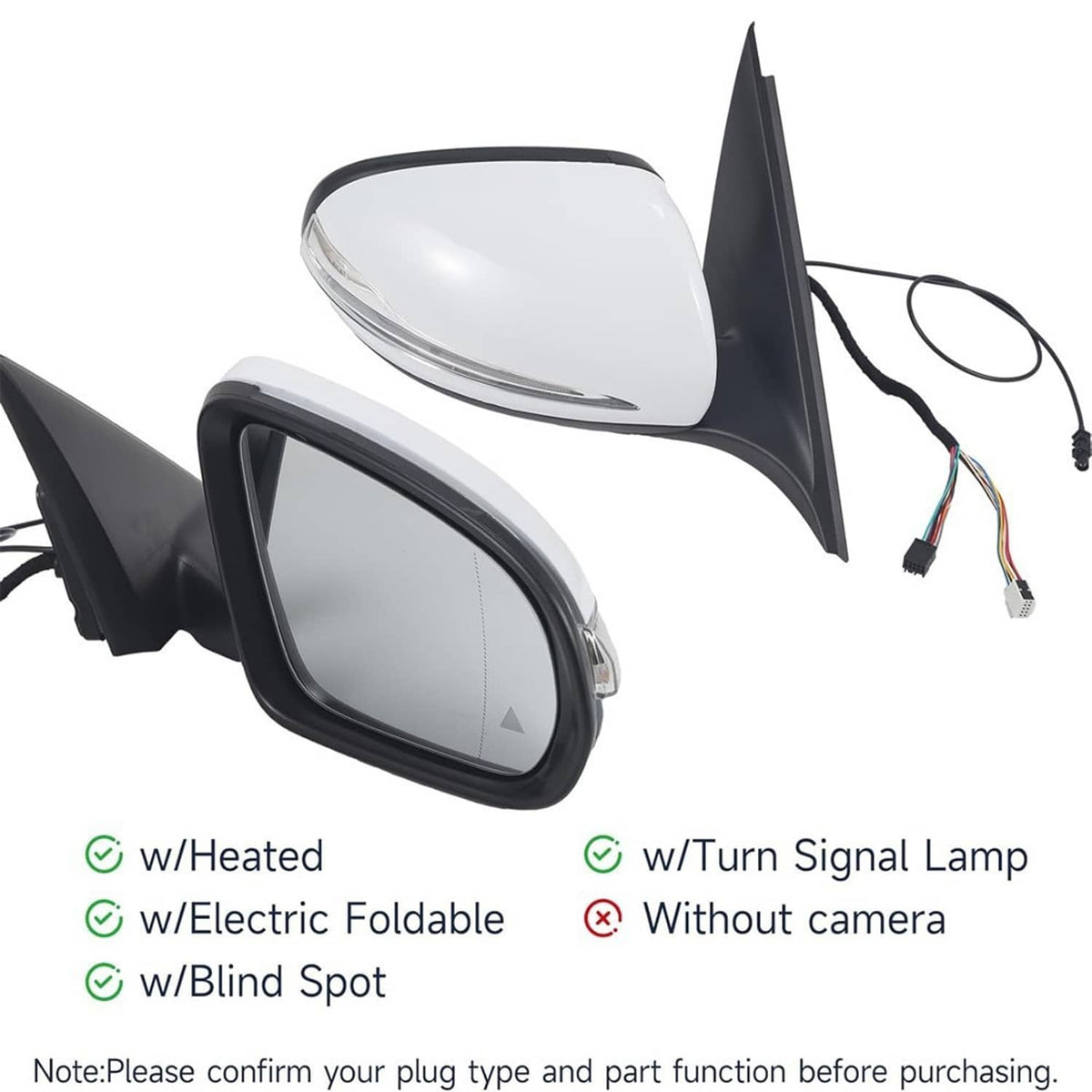 Heated blind spot side mirror with turn signal, white cap and black housing, wiring visible