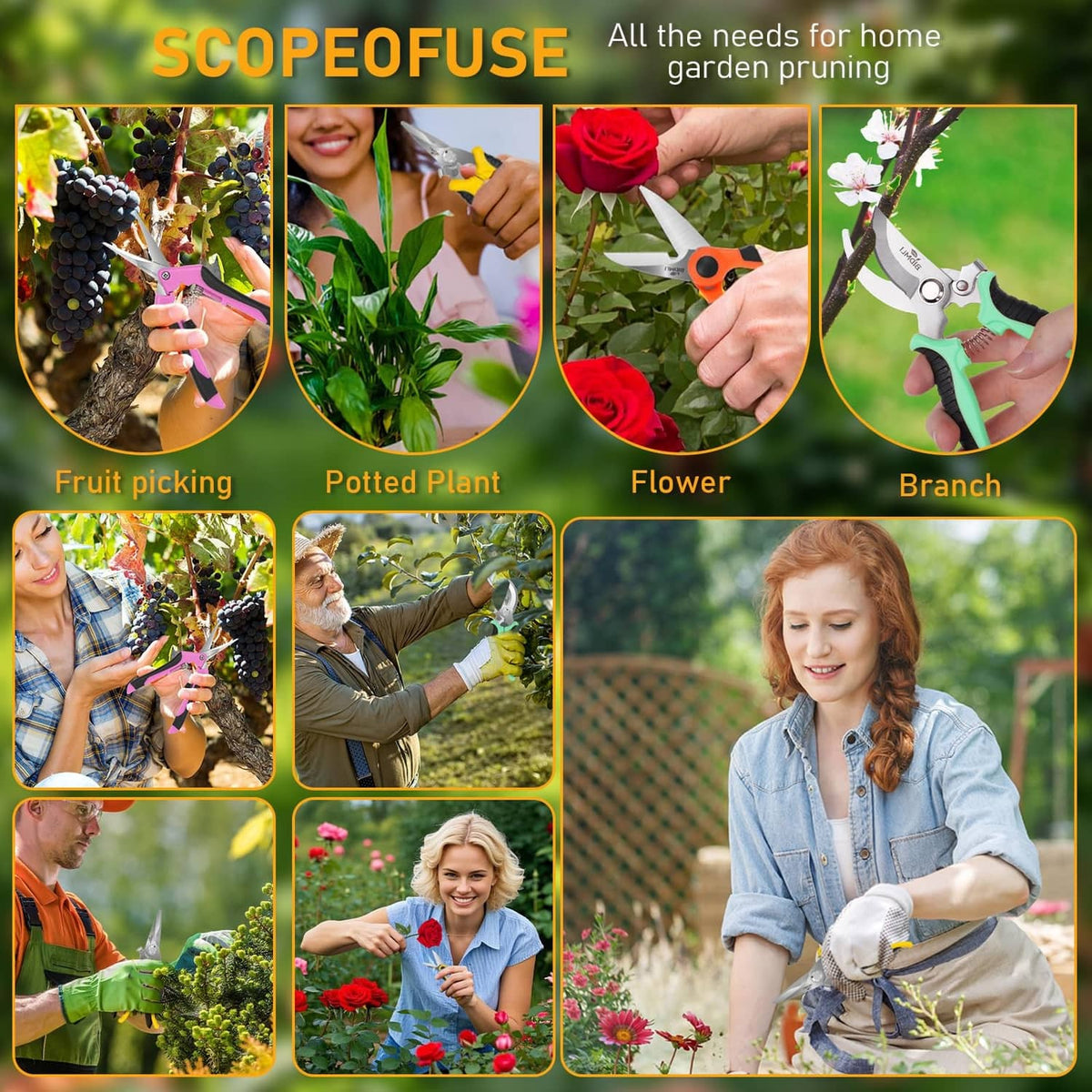 Four-color garden pruning shears shown in garden use with hand-held cutting.