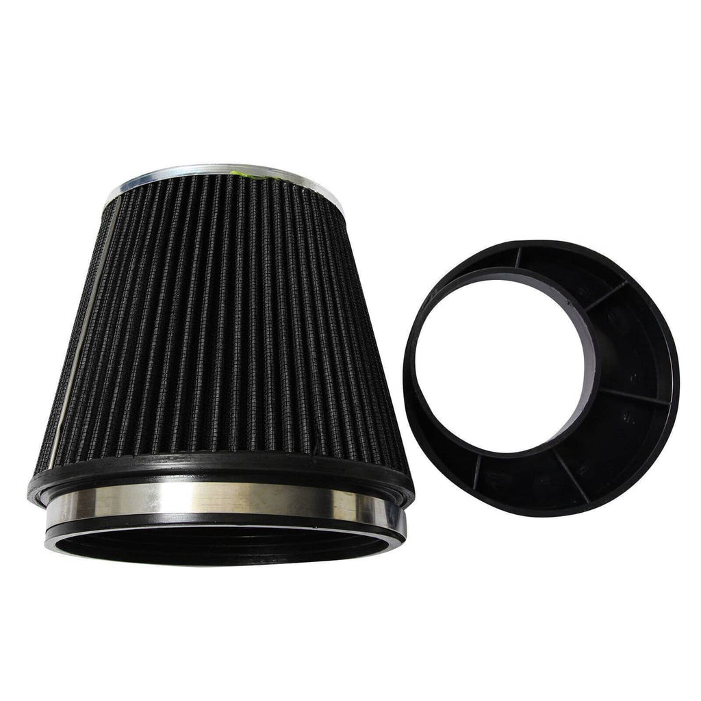 Black cone air filter with circular heat shield insert and metal rim