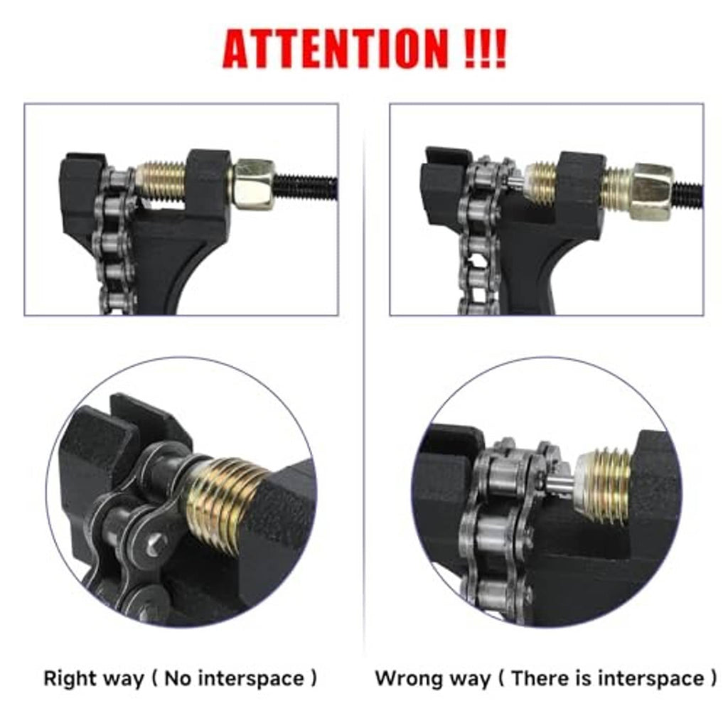 Chain breaker tool close-up with threaded end and black guide frame