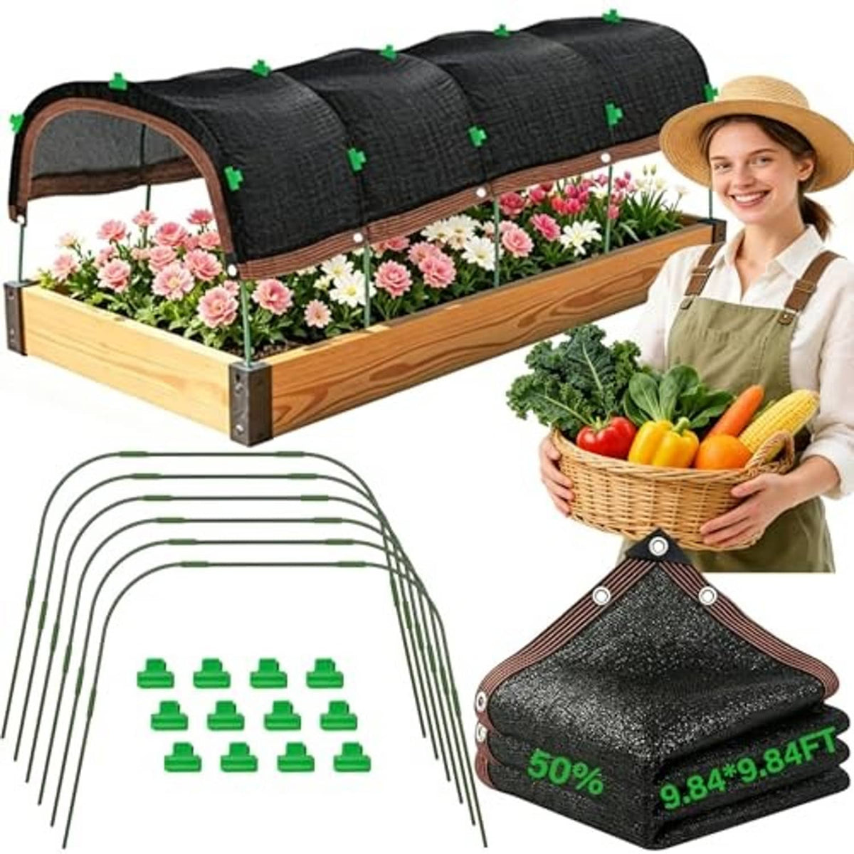 Black shade cloth hoop cover with arched frame and green fastening clips