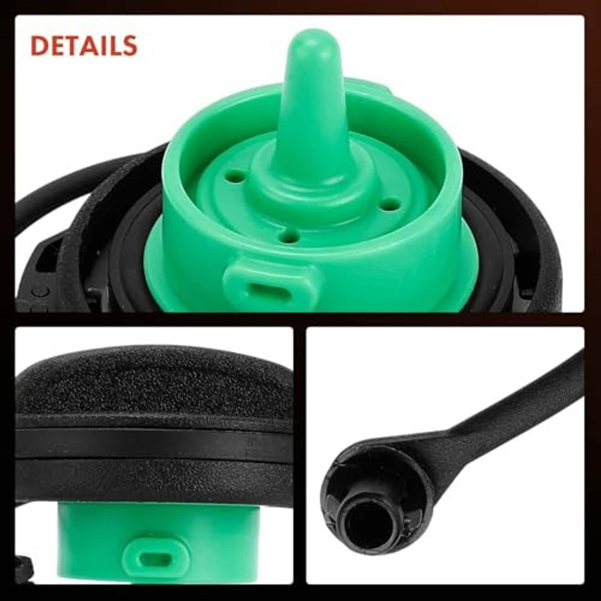 Fuel cap details: green valve top, black base ring, and black pull hose