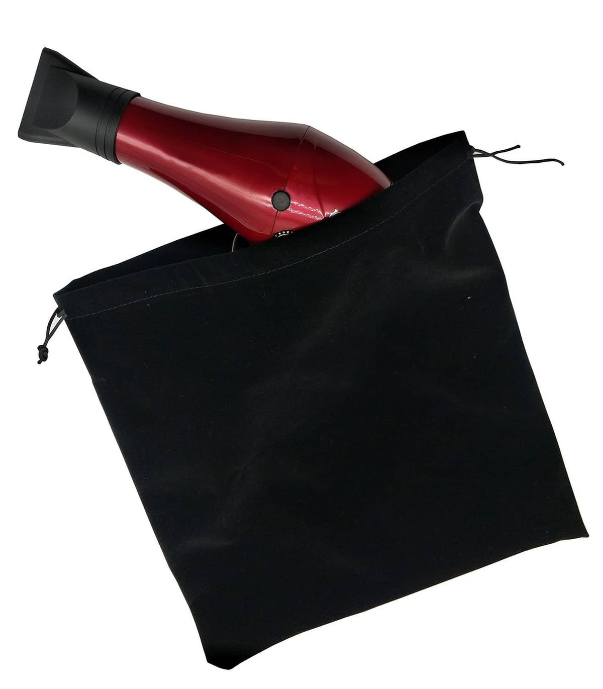 Large black velvet drawstring pouch bag, slightly open with drawstring tie