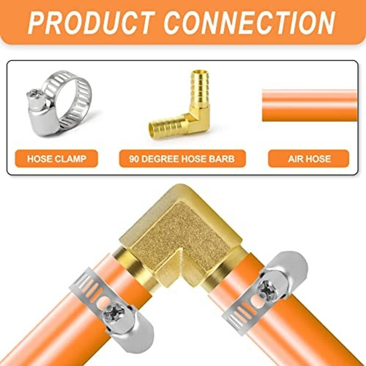 Brass 90-degree hose barb elbow with metal hose clamps on connected hoses