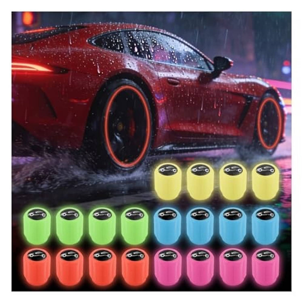 Row of fluorescent tire valve caps in yellow, green, blue, pink, and red with black caps