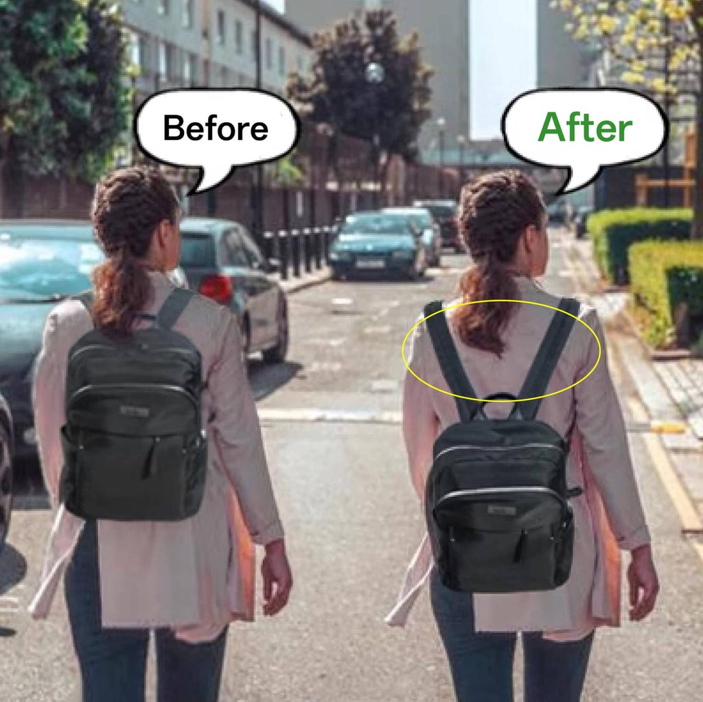Black backpack extender strap shown attached to a backpack with adjustable buckles.
