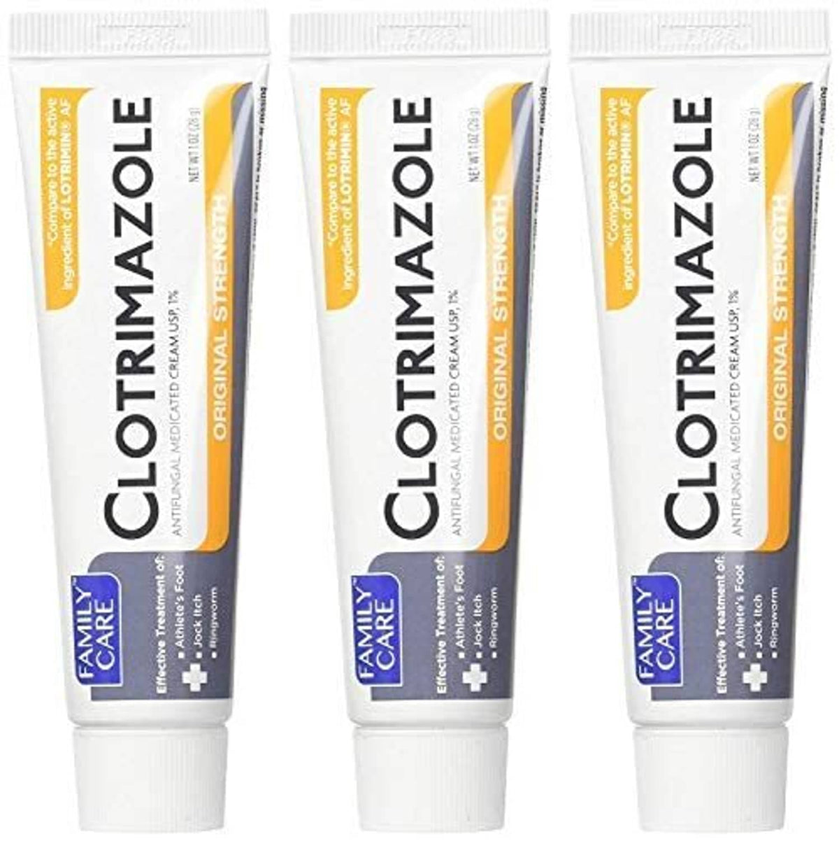 Clotrimazole anti-fungal cream tubes, 1% strength, white squeeze tubes (front three-pack)
