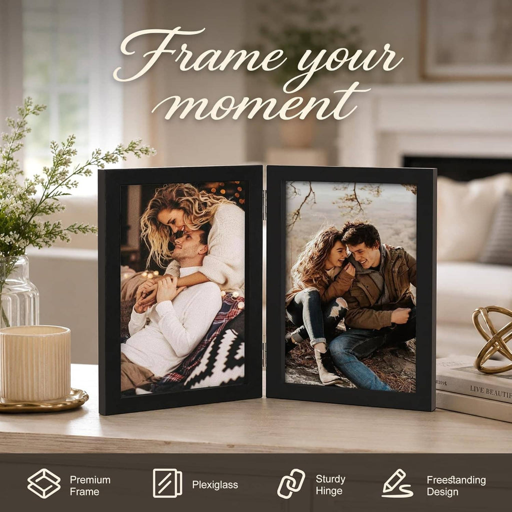 Black double-hinged wood 5x7 photo frame, two panels open with hinged stand