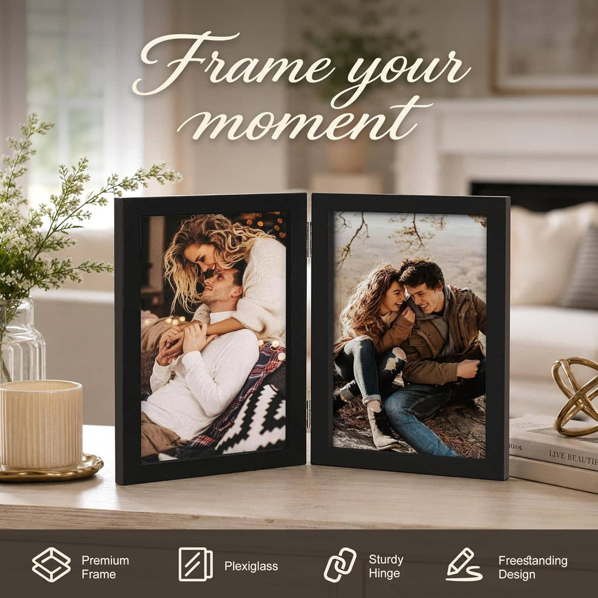 Black double-hinged wood 5x7 photo frame, two panels open with hinged stand