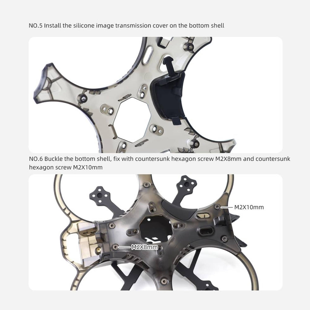 Black cinewhoop FPV drone frame bottom shell area with screw holes and mounts