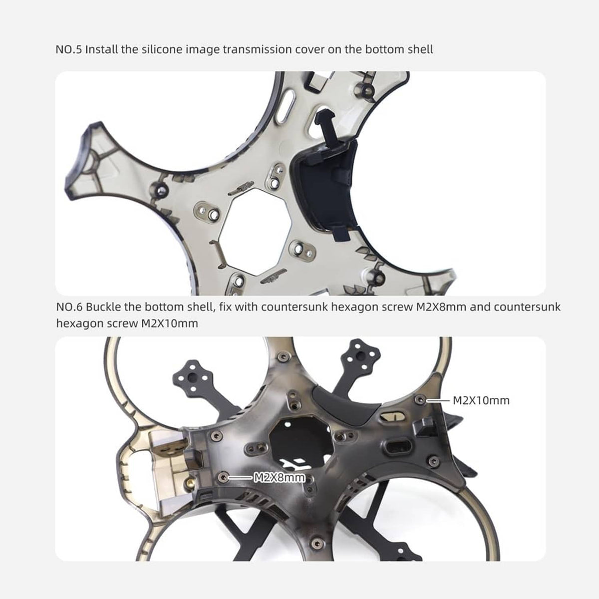 Black cinewhoop FPV drone frame bottom shell area with screw holes and mounts